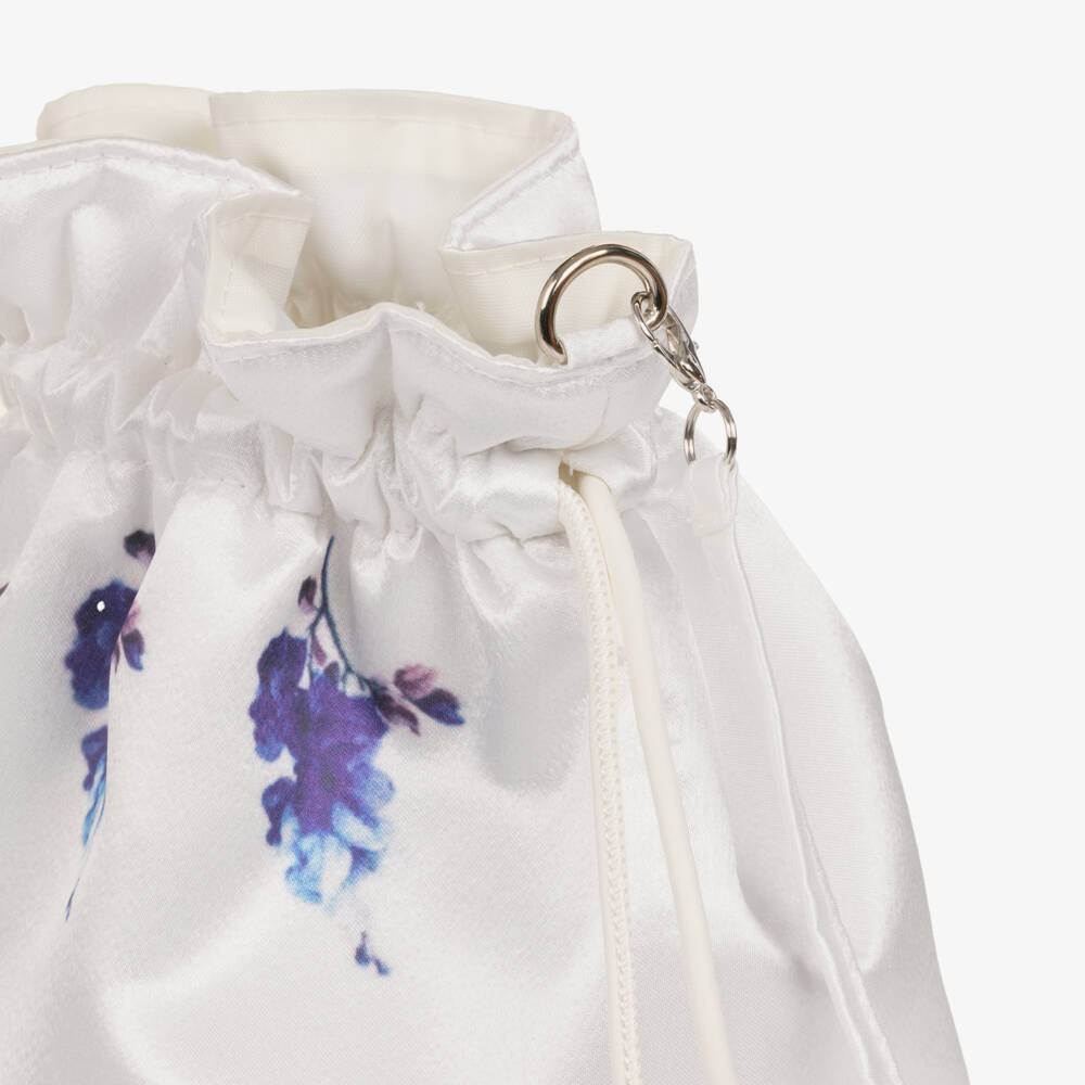 Monnalisa Chic-Girls White & Blue Floral Satin Drawstring Bag | Childrensalon Outlet