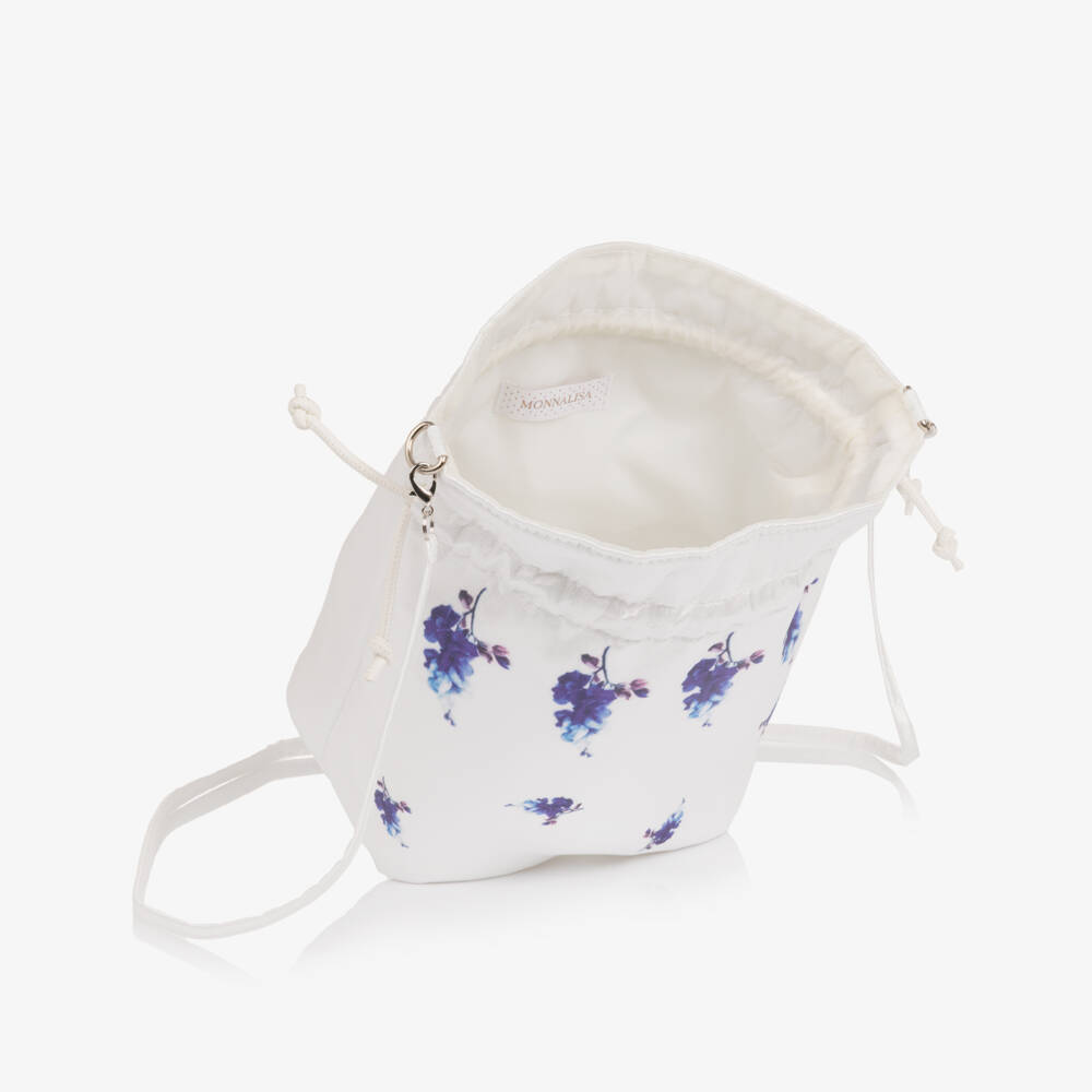 Monnalisa Chic-Girls White & Blue Floral Satin Drawstring Bag | Childrensalon Outlet