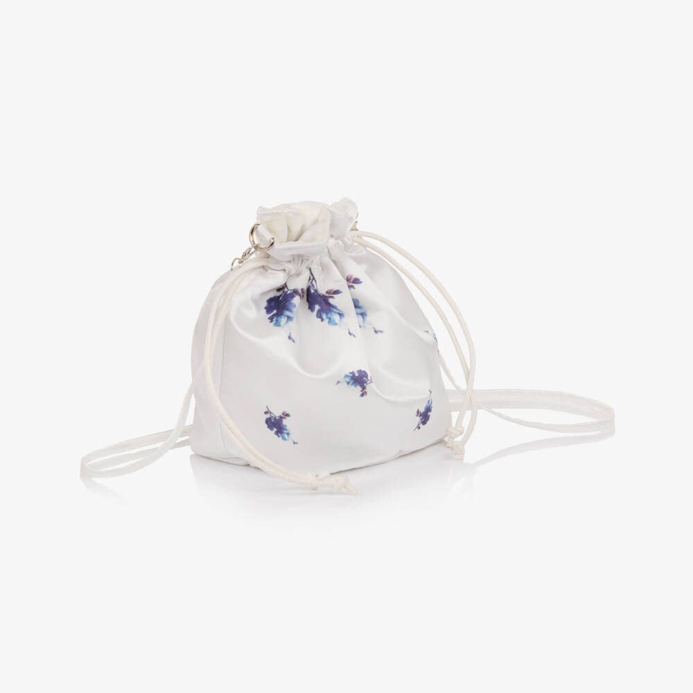 Monnalisa Chic-Girls White & Blue Floral Satin Drawstring Bag | Childrensalon Outlet