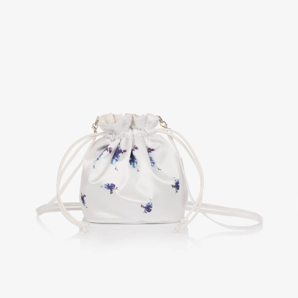 Monnalisa Chic-Girls White & Blue Floral Satin Drawstring Bag | Childrensalon Outlet