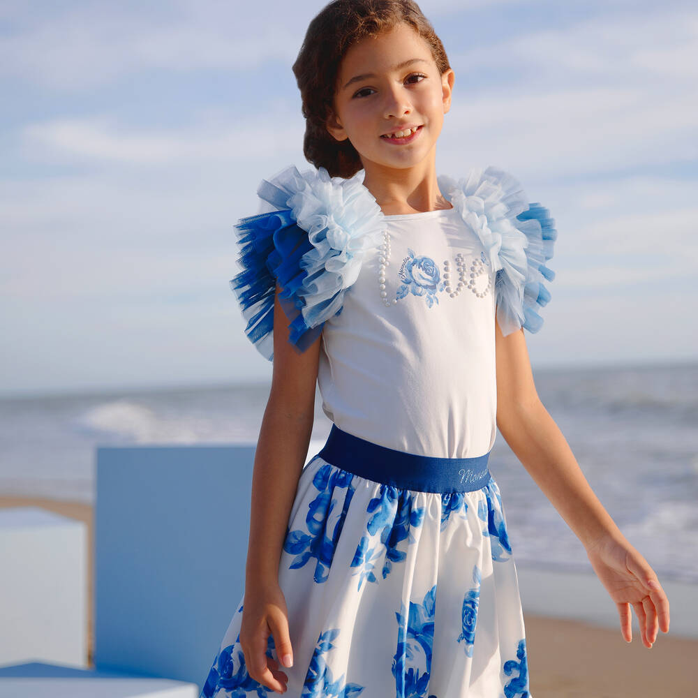 Monnalisa-Белая футболка с голубыми рукавами из тюля | Childrensalon Outlet