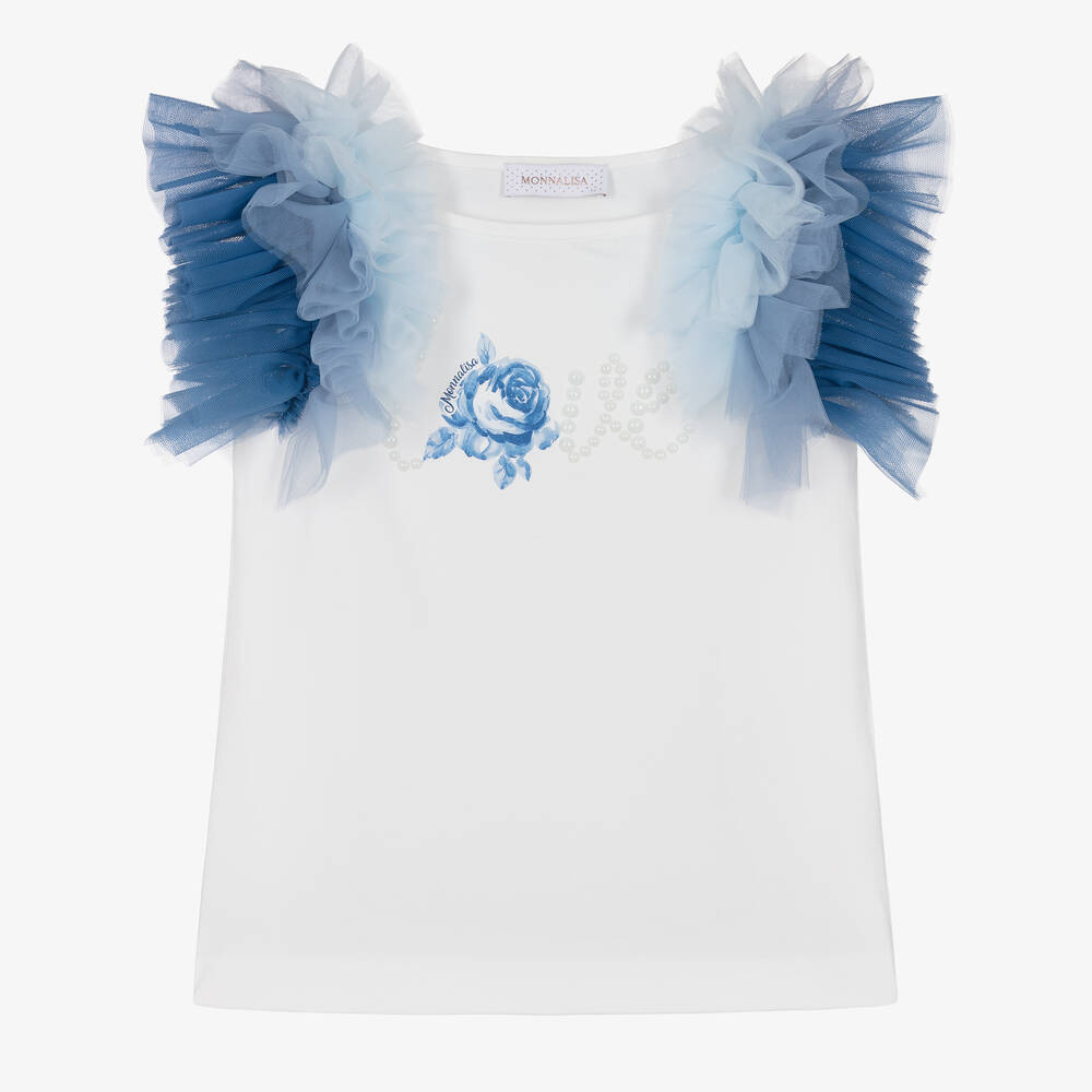 Monnalisa - Girls White & Blue Flutter T-Shirt | Childrensalon