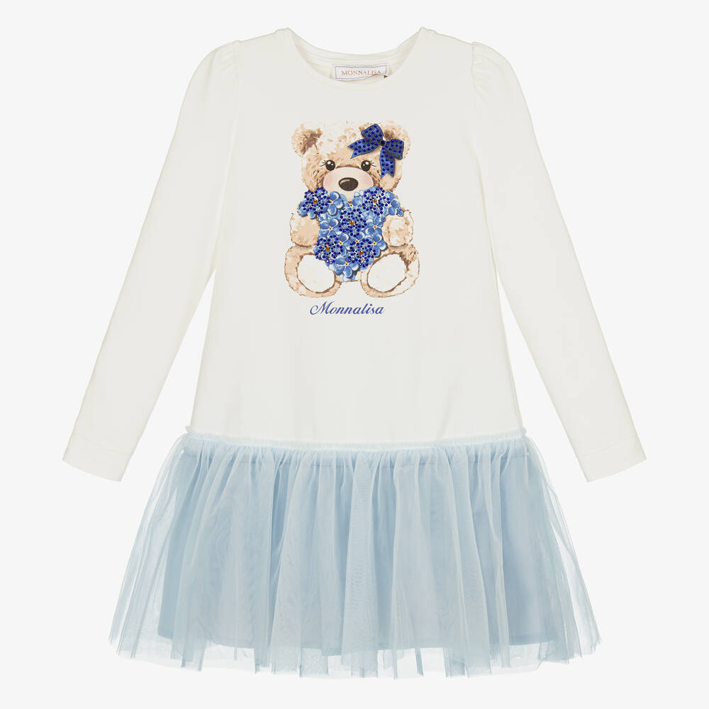 Monnalisa - Бело-голубое платье с медвежонком | Childrensalon