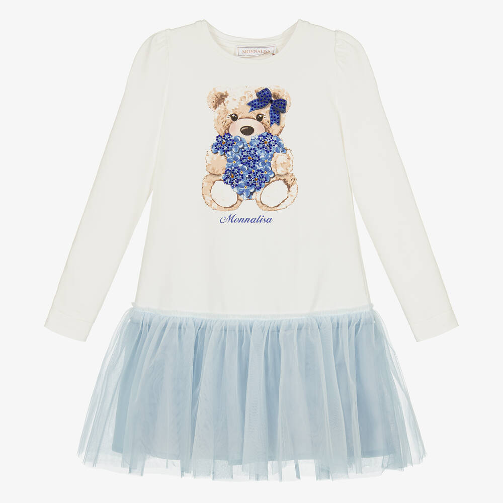 Monnalisa-Girls White & Blue Teddy Tulle Dress | Childrensalon Outlet