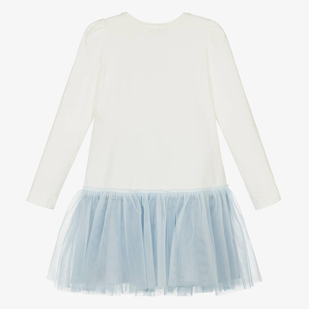 Monnalisa-فستان قطن وتول لون أبيض وأزرق | Childrensalon Outlet