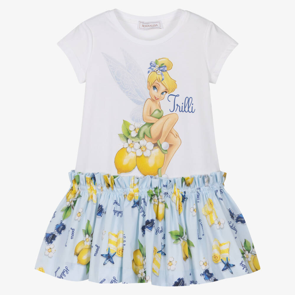 Monnalisa-Girls White & Blue Tinkerbell Dress | Childrensalon Outlet