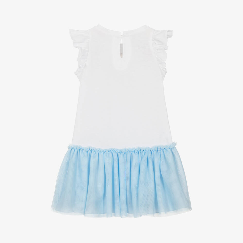 Monnalisa-Girls White & Blue Tulle Wonderland Dress | Childrensalon Outlet