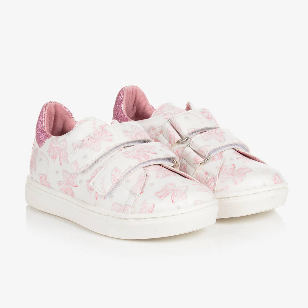 Monnalisa - Girls White Bow Print Velcro Trainers | Childrensalon