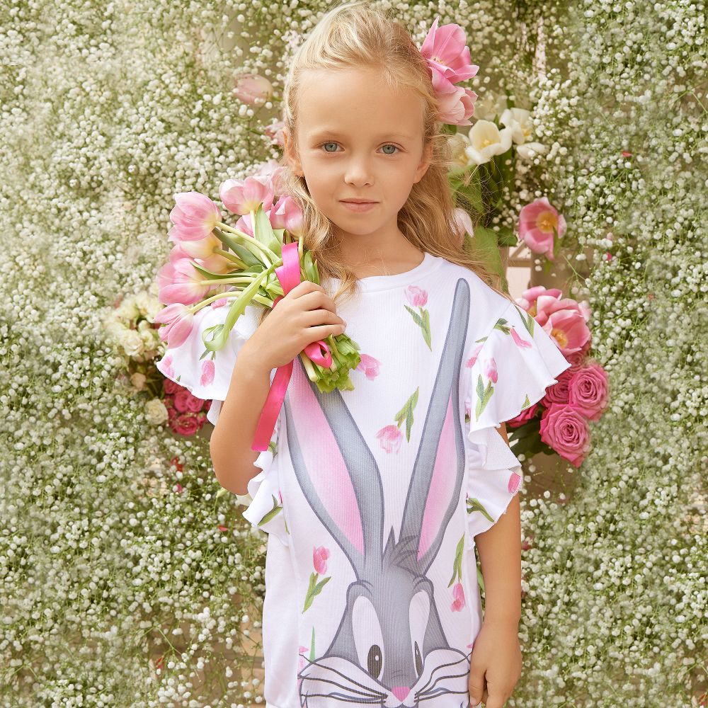 Monnalisa Girls White Bugs Bunny Dress Childrensalon Outlet