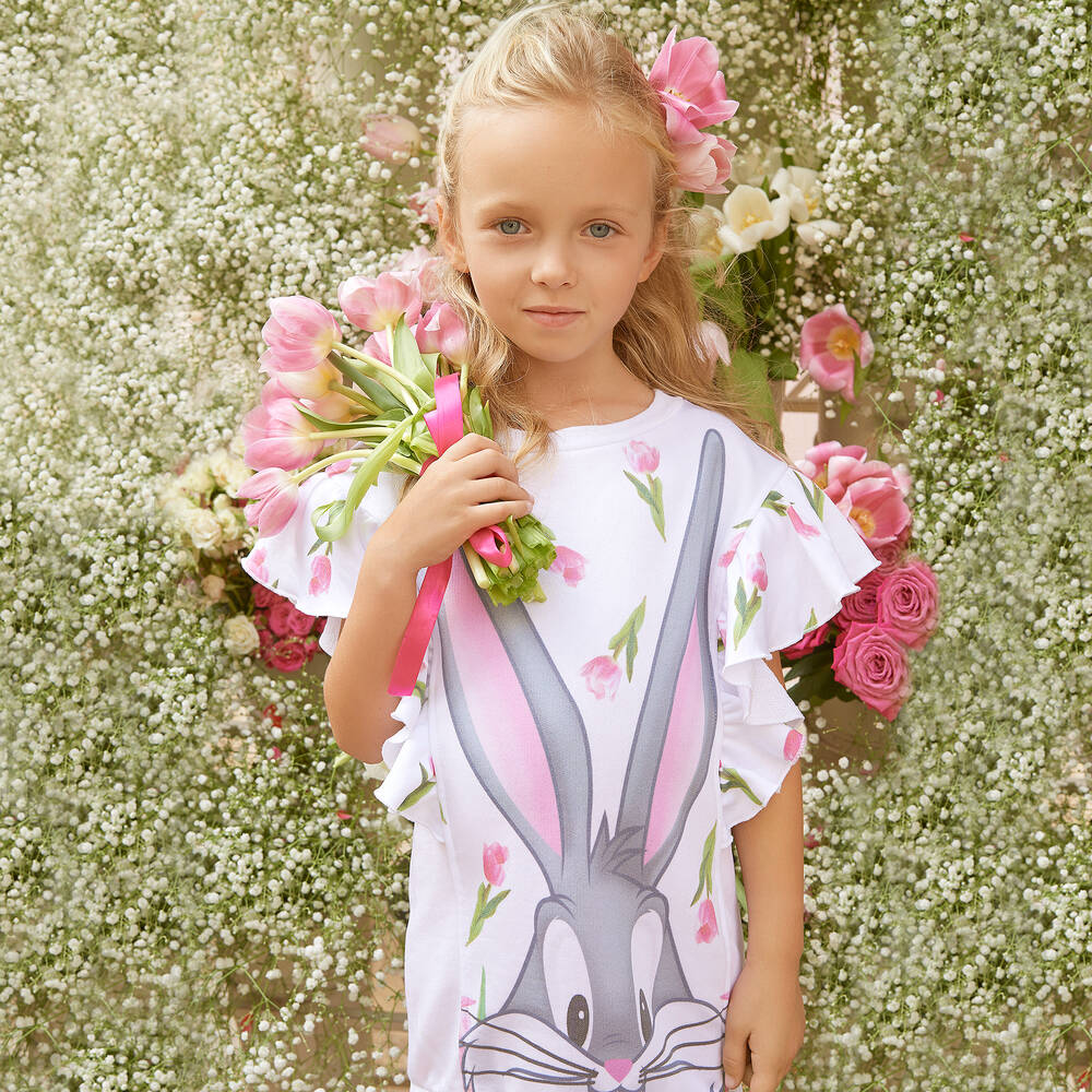 Monnalisa-Girls White Bugs Bunny Dress | Childrensalon Outlet