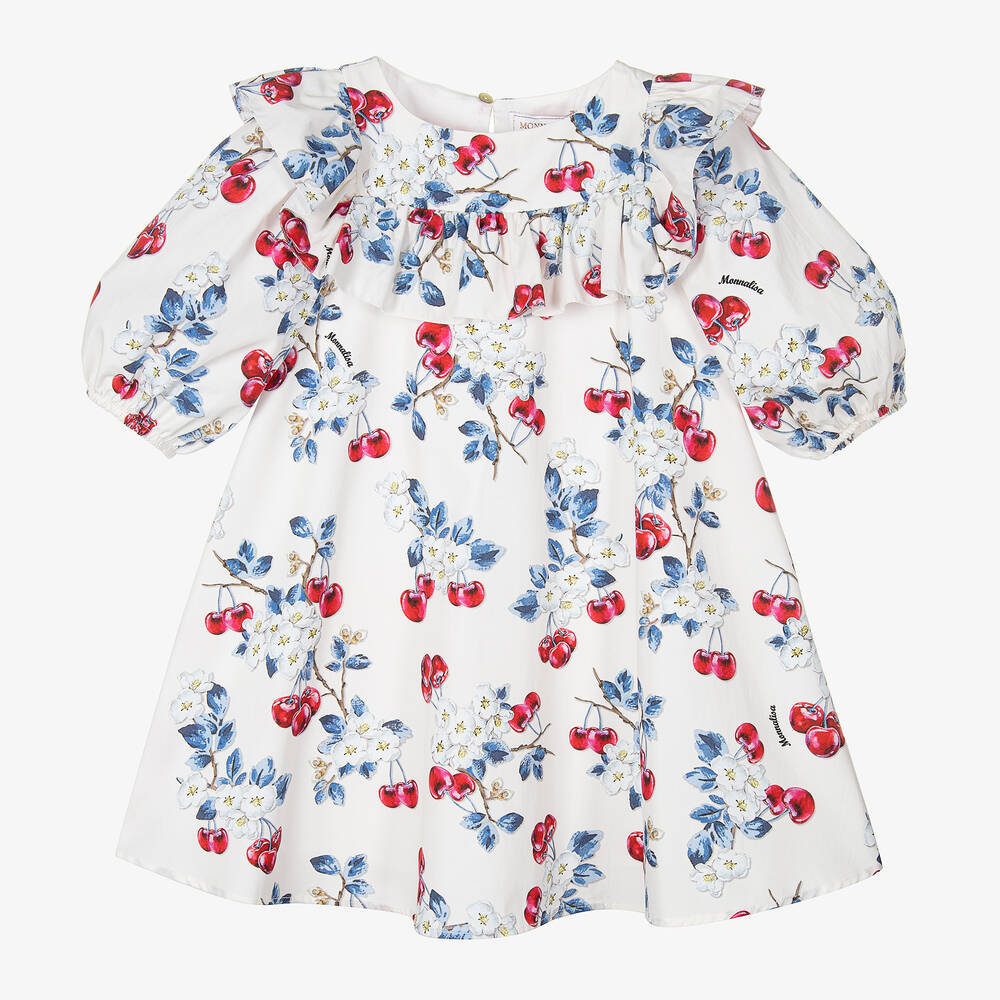 Monnalisa - Girls White Cherry Cotton Dress  | Childrensalon