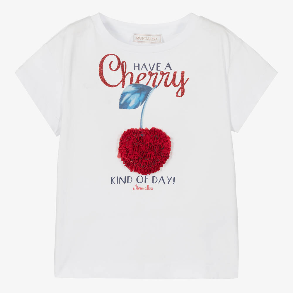 Monnalisa - Girls White Cherry Cotton T-Shirt | Childrensalon
