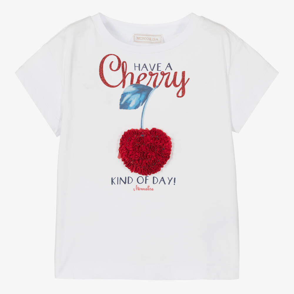 Monnalisa-Girls White Cherry Cotton T-Shirt | Childrensalon Outlet