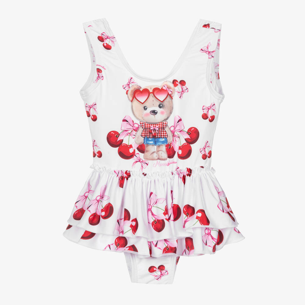 Monnalisa-Girls White Cherry & Teddy Swimsuit | Childrensalon Outlet
