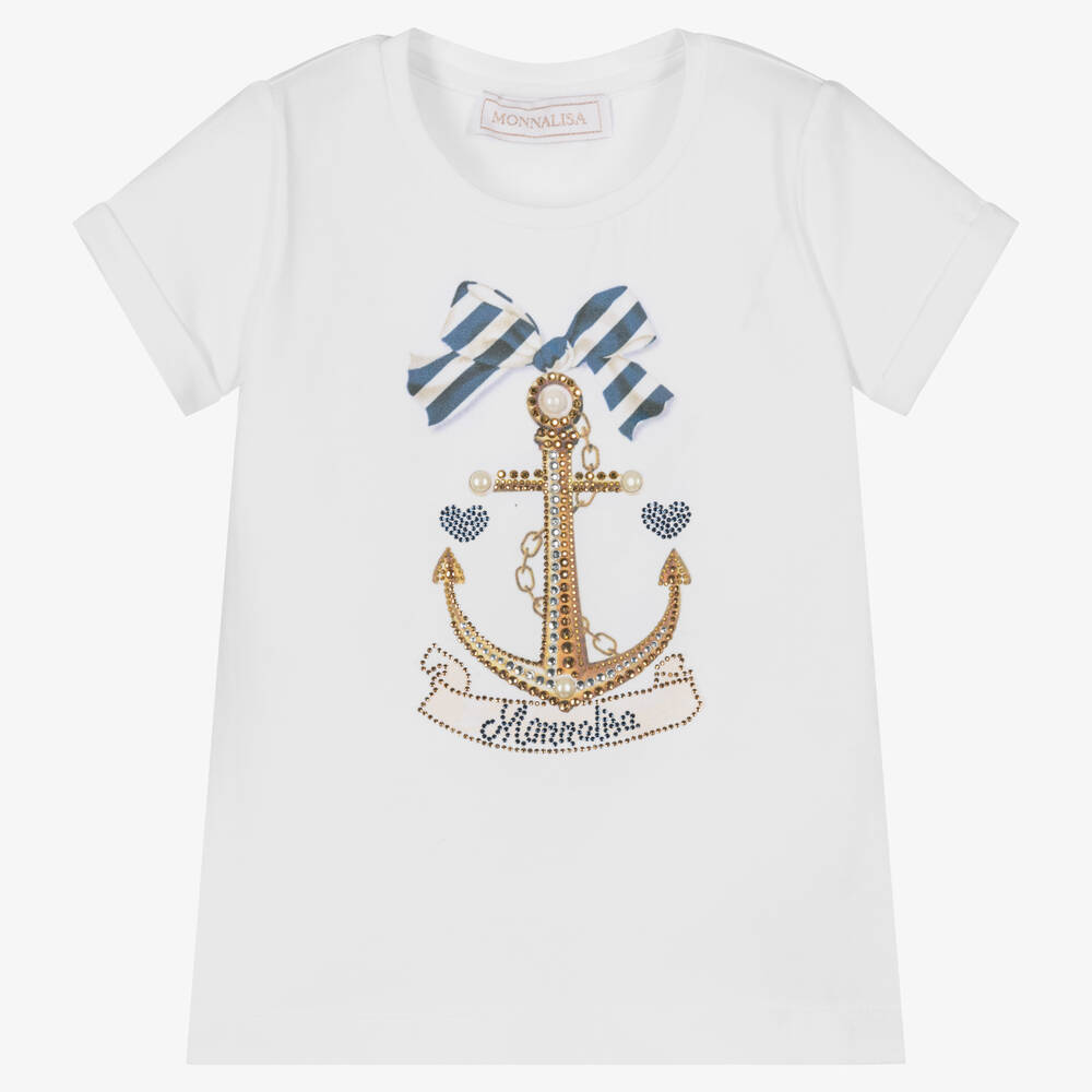 Monnalisa - Girls White Cotton Anchor T-Shirt | Childrensalon