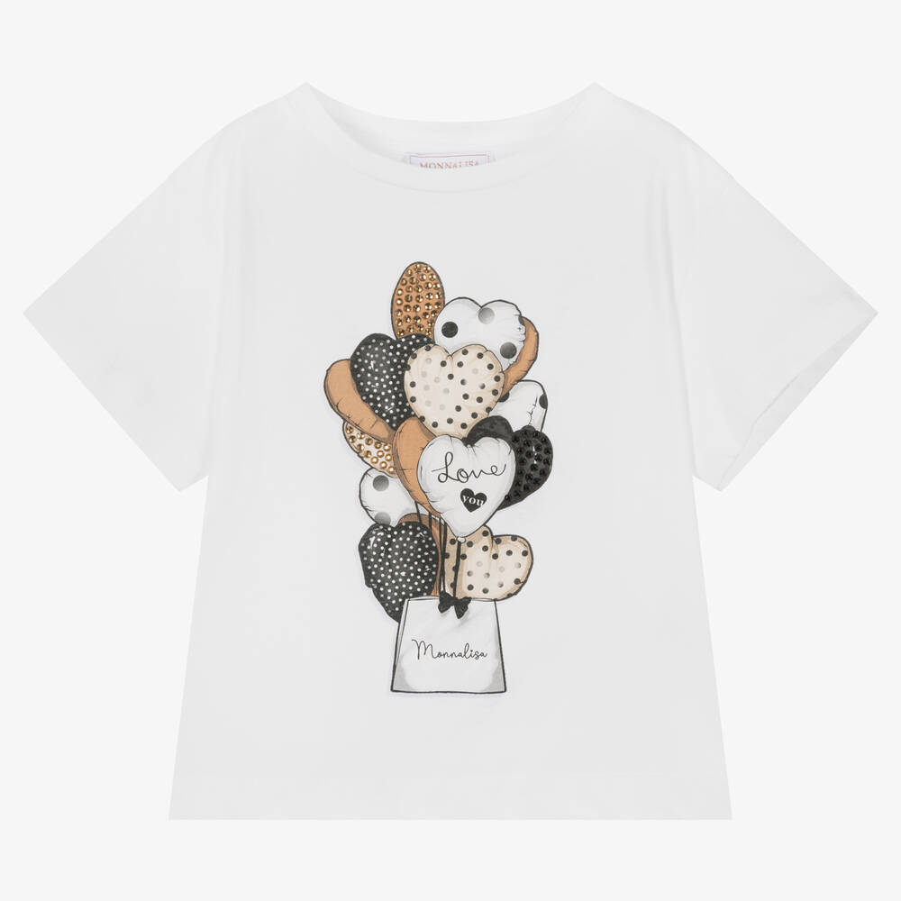 Monnalisa - Белая хлопковая футболка с шариками  | Childrensalon