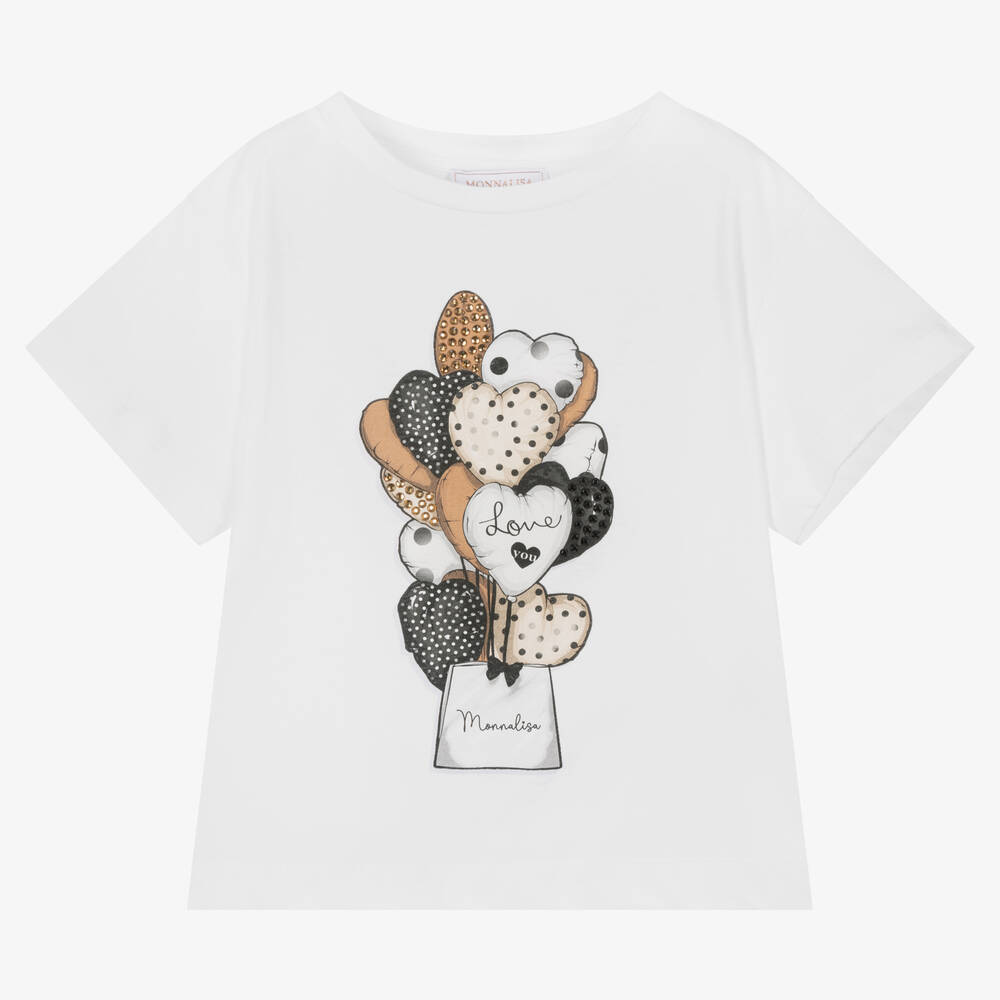 Monnalisa-Girls White Cotton Balloon Print T-Shirt  | Childrensalon Outlet
