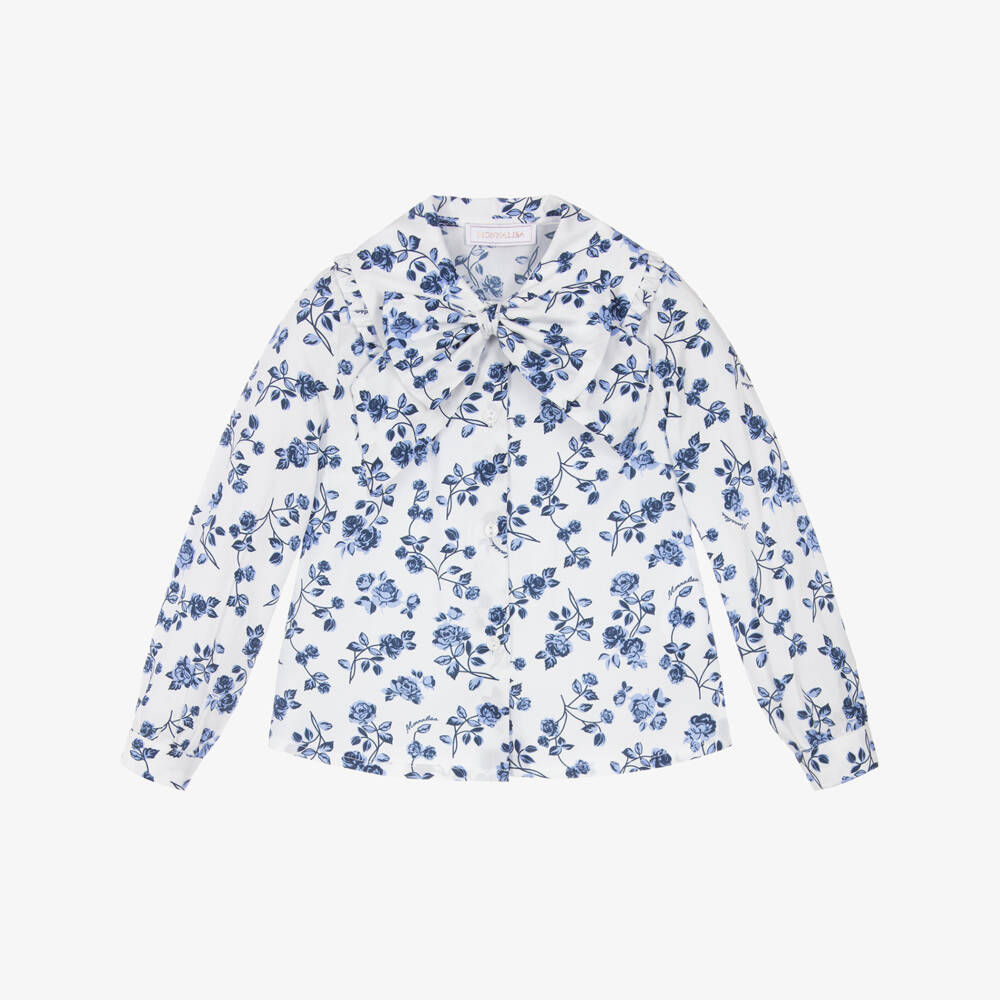 Monnalisa-Girls White Cotton Blue Floral Print Blouse | Childrensalon Outlet