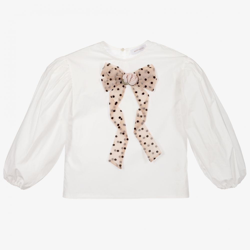 Monnalisa - Girls White Cotton Bow Blouse | Childrensalon