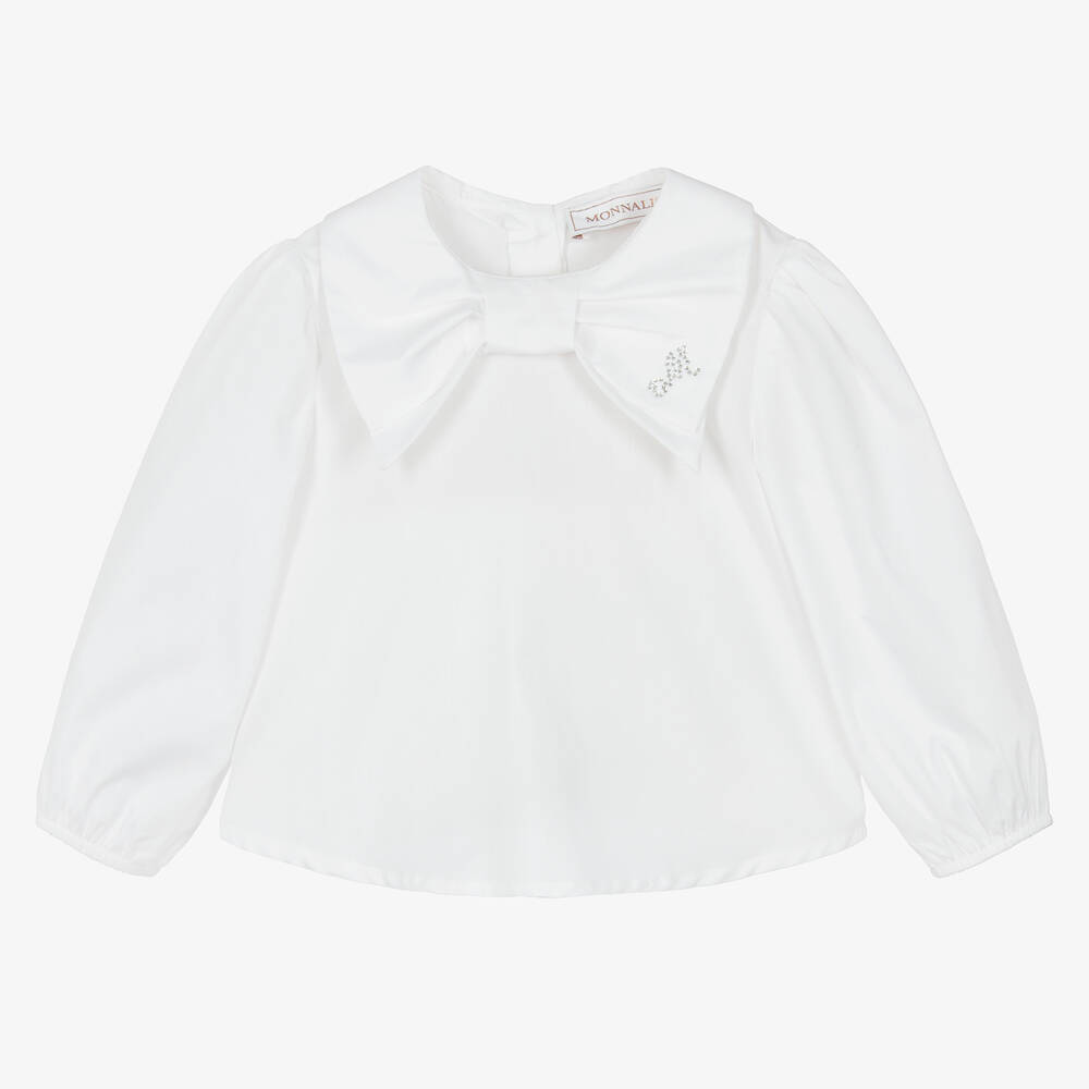 Monnalisa - Girls White Cotton Bow Blouse | Childrensalon