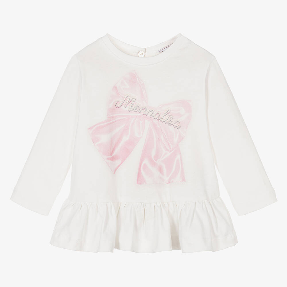 Monnalisa - Girls White Cotton Bow Top  | Childrensalon