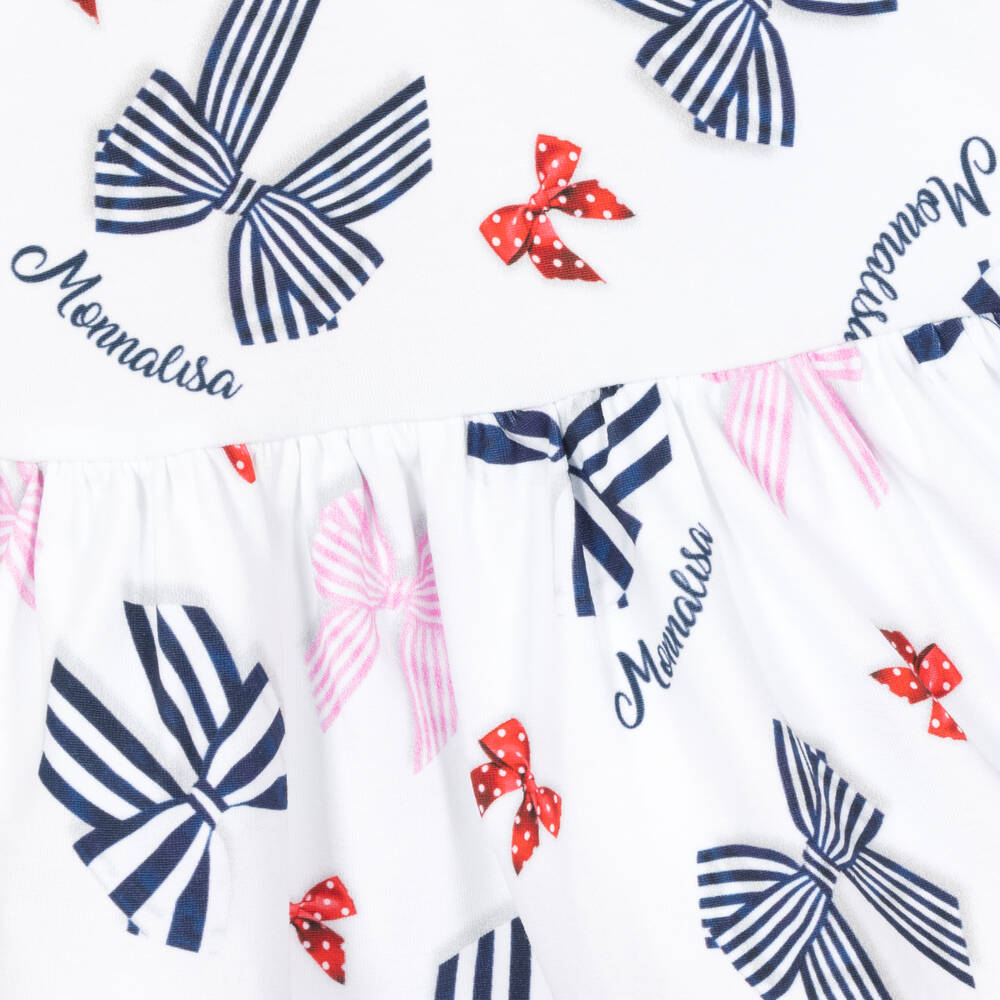 Monnalisa-Girls White Cotton Bows & Logo Dress | Childrensalon Outlet