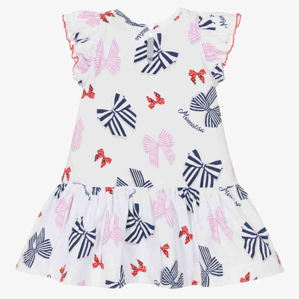 Monnalisa-Girls White Cotton Bows & Logo Dress | Childrensalon Outlet