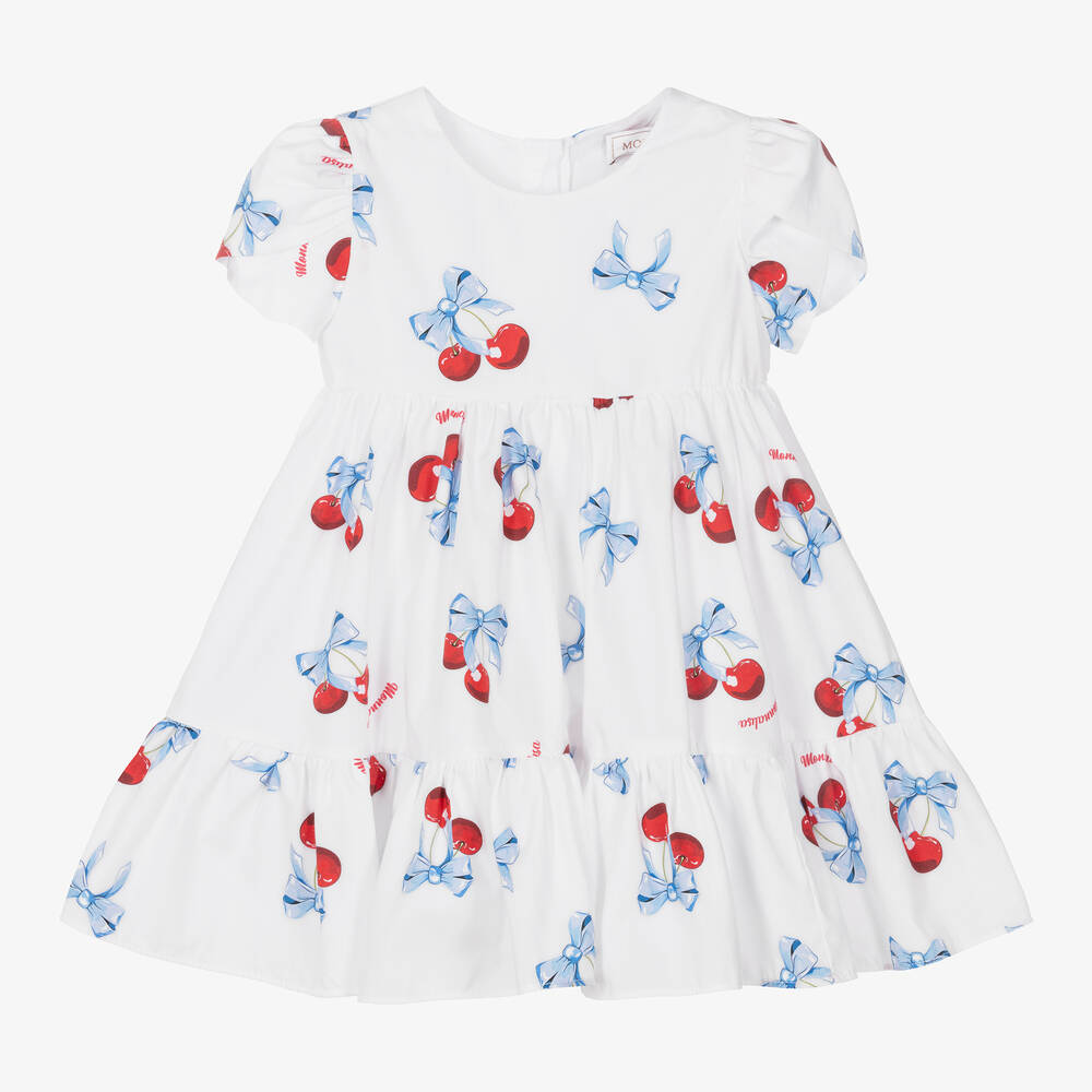 Monnalisa-Girls White Cotton Cherry Print Dress | Childrensalon Outlet