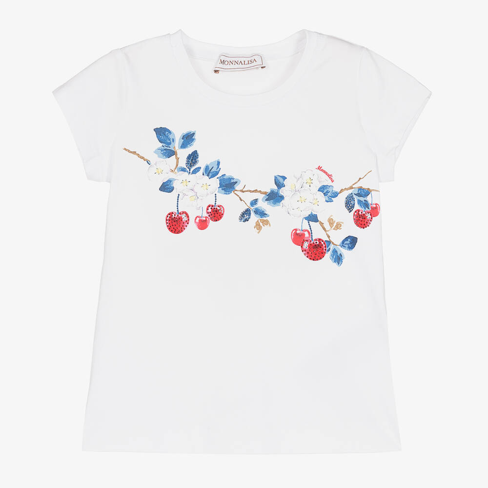 Monnalisa - Girls White Cotton Cherry T-Shirt | Childrensalon
