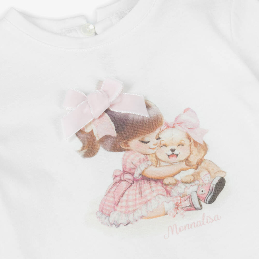 Monnalisa-Girls White Cotton Dog Print Top | Childrensalon Outlet