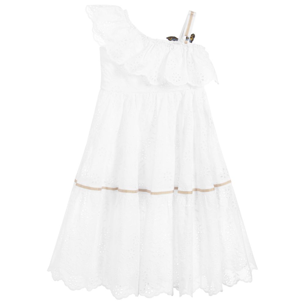Monnalisa Girls White Cotton Dress Childrensalon Outlet