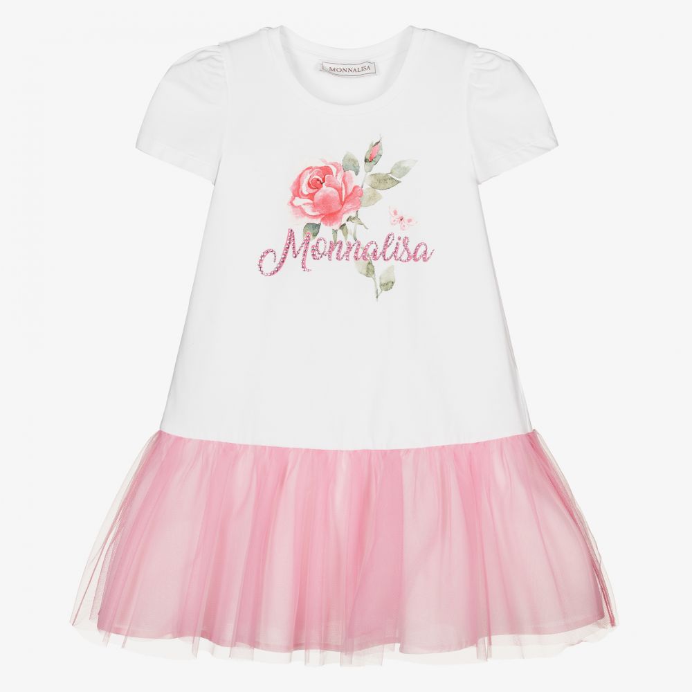 Monnalisa - Girls White Cotton Dress | Childrensalon