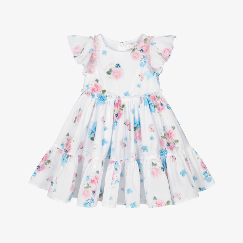 Monnalisa-Girls White Cotton Dress with Pink Florals & Blue Bows | Childrensalon Outlet
