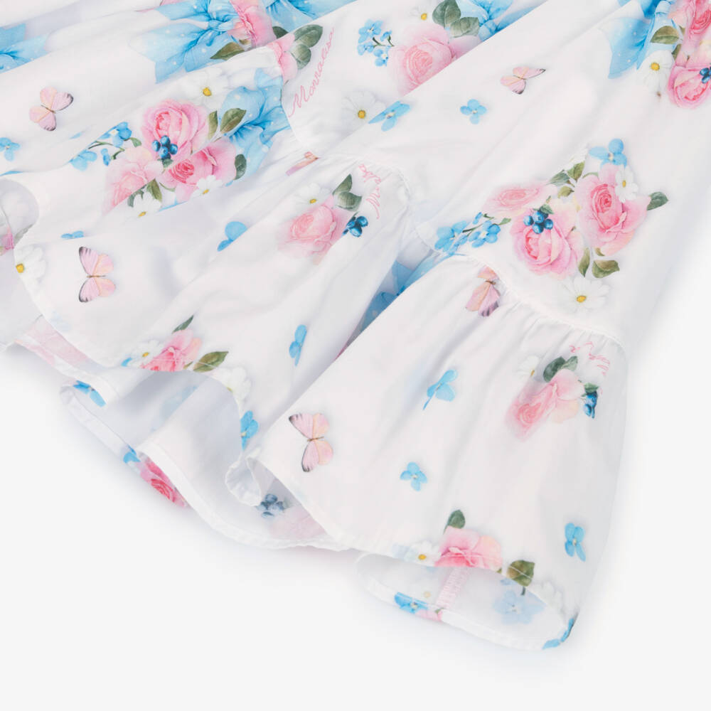 Monnalisa-Girls White Cotton Dress with Pink Florals & Blue Bows | Childrensalon Outlet