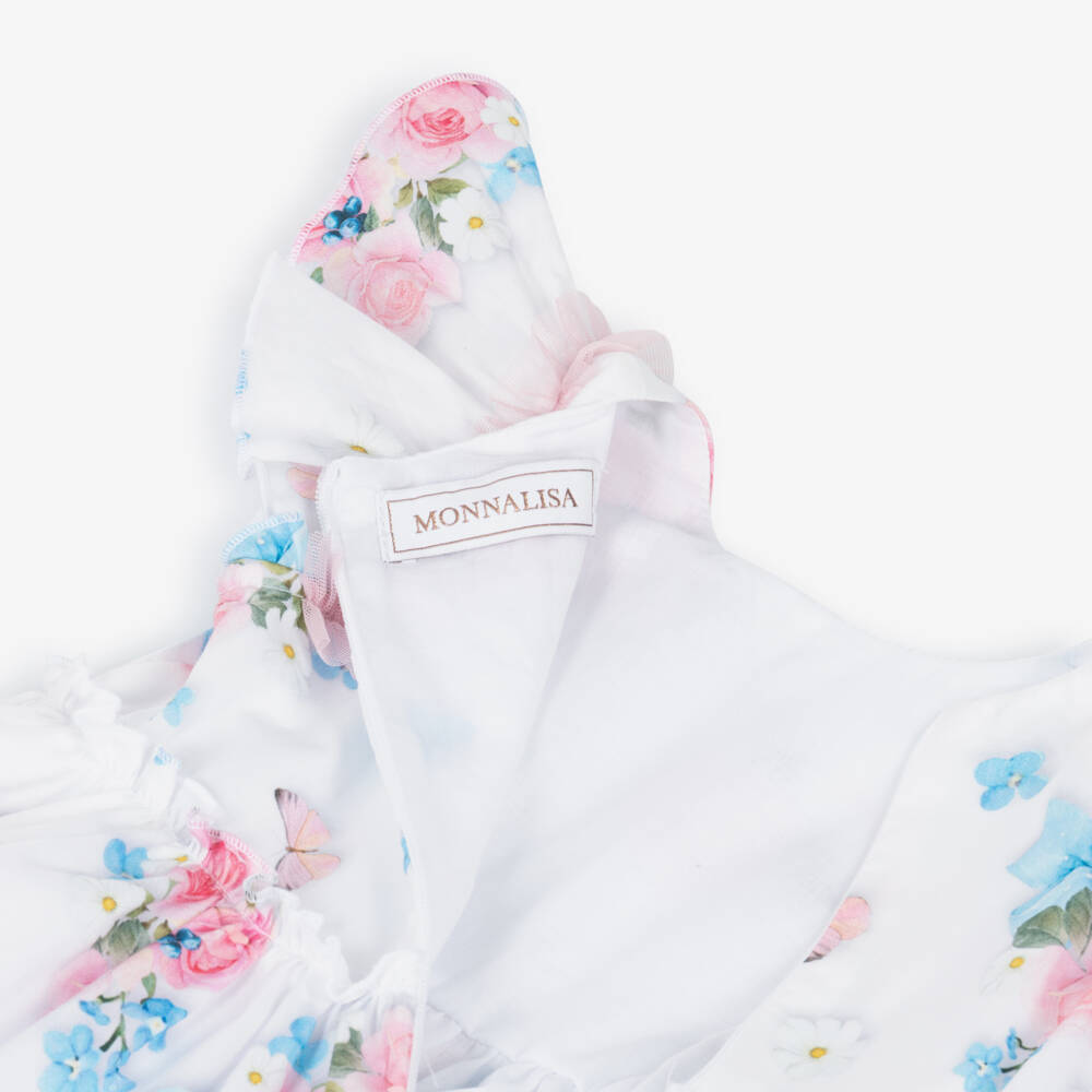 Monnalisa-Girls White Cotton Dress with Pink Florals & Blue Bows | Childrensalon Outlet