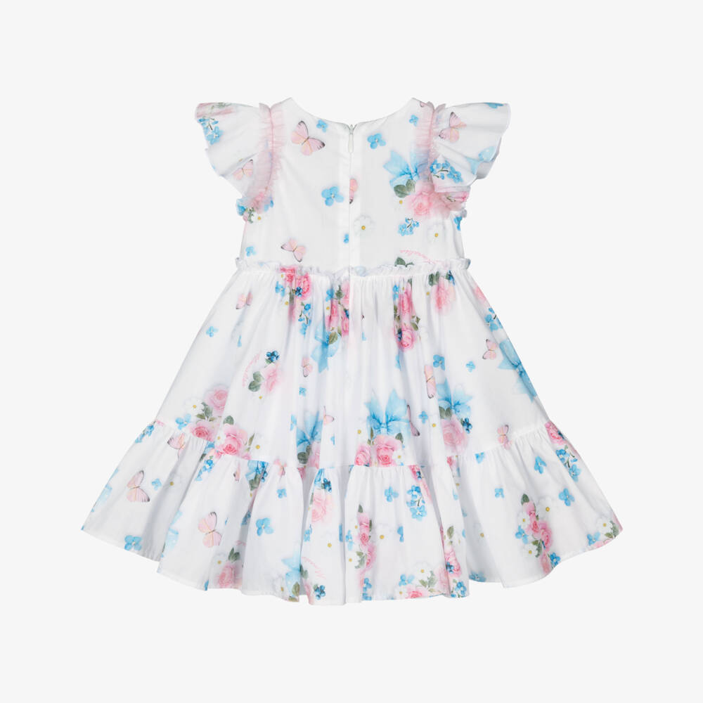 Monnalisa-Girls White Cotton Dress with Pink Florals & Blue Bows | Childrensalon Outlet