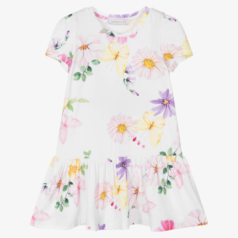 Monnalisa - Girls White Cotton Floral Dress | Childrensalon