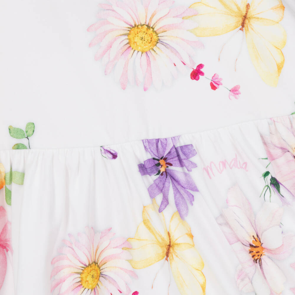 Monnalisa-فستان قطن جيرسي لون أبيض بطبعة ورود | Childrensalon Outlet