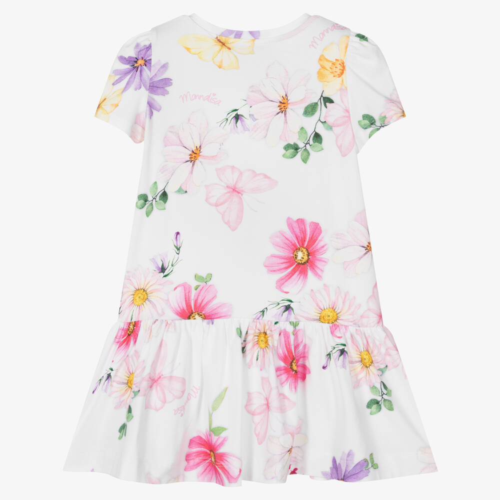 Monnalisa-فستان قطن جيرسي لون أبيض بطبعة ورود | Childrensalon Outlet