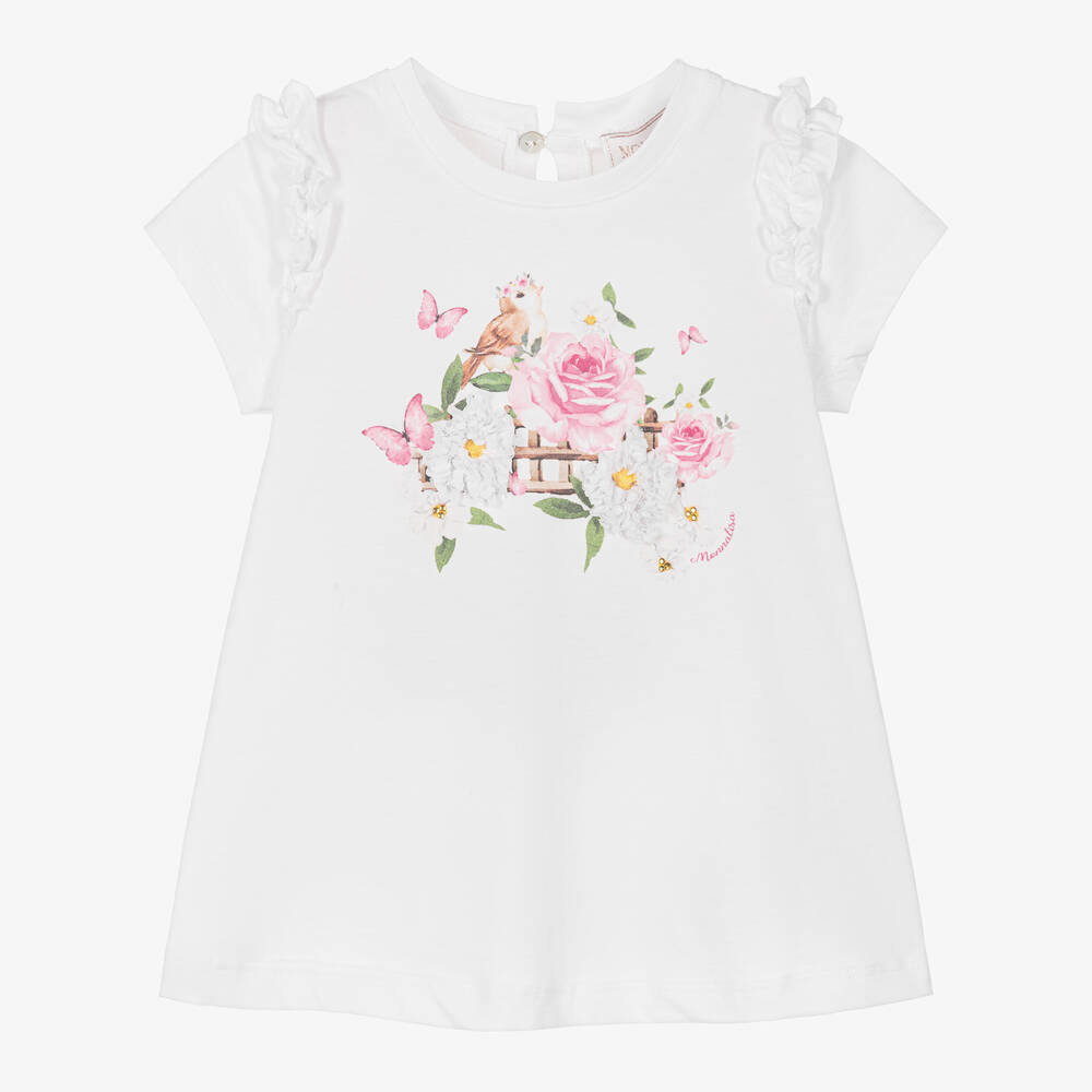 Monnalisa-Белое хлопковое платье с цветами для девочек | Childrensalon Outlet