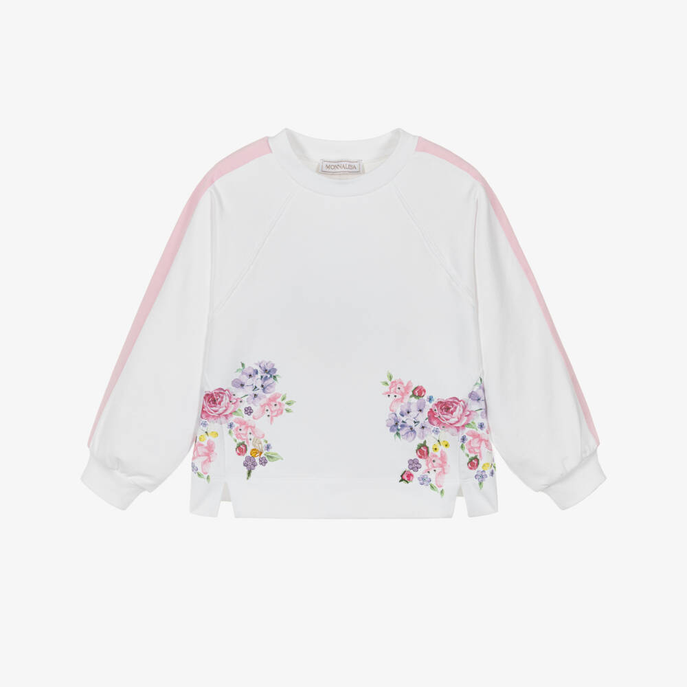 Monnalisa-Girls White Cotton Floral Print Sweatshirt with Diamantés | Childrensalon Outlet