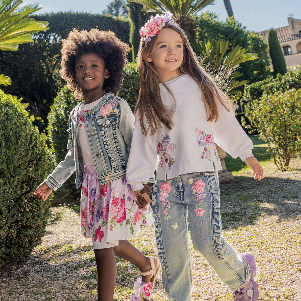 Monnalisa-Girls White Cotton Floral Print Sweatshirt with Diamantés | Childrensalon Outlet