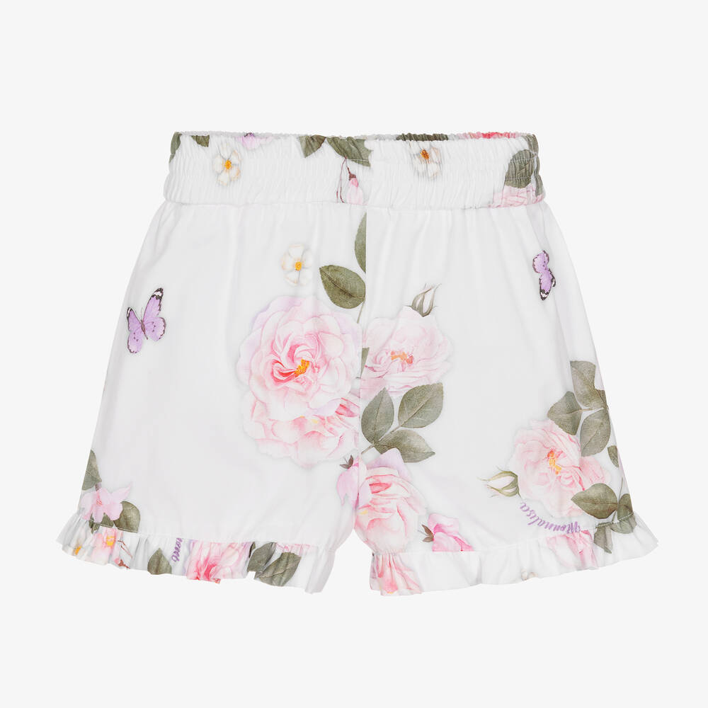 Monnalisa-Girls White Cotton Floral Shorts | Childrensalon Outlet