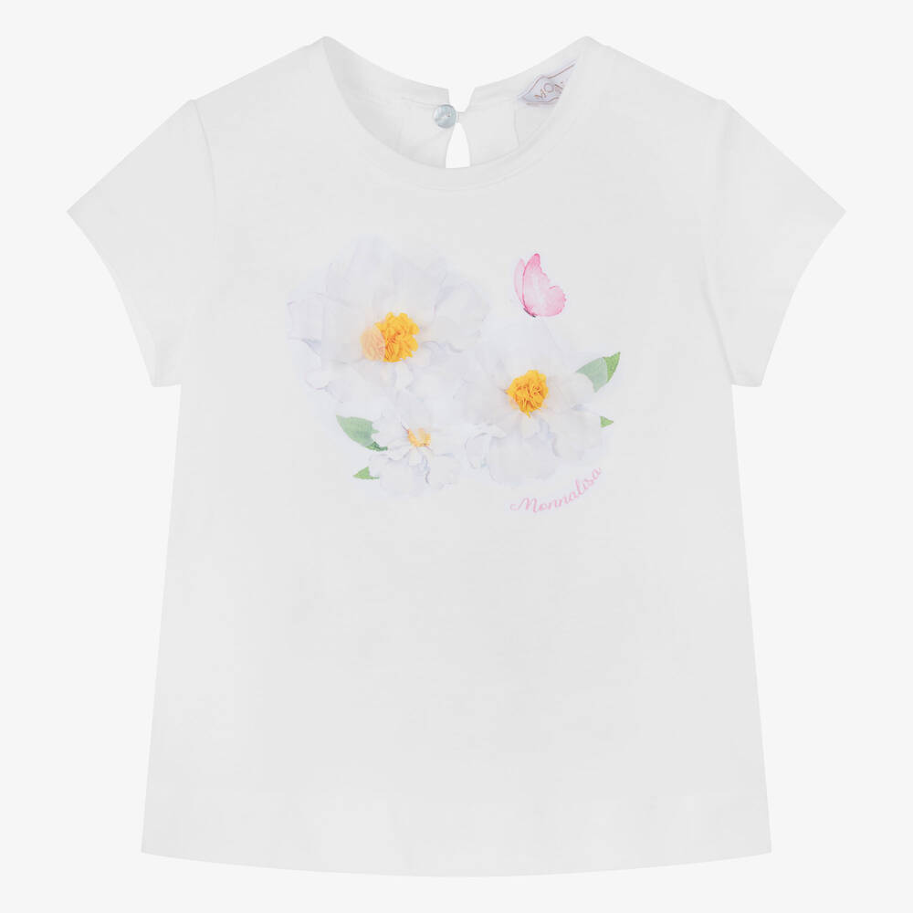 Monnalisa-Girls White Cotton Flower T-Shirt | Childrensalon Outlet