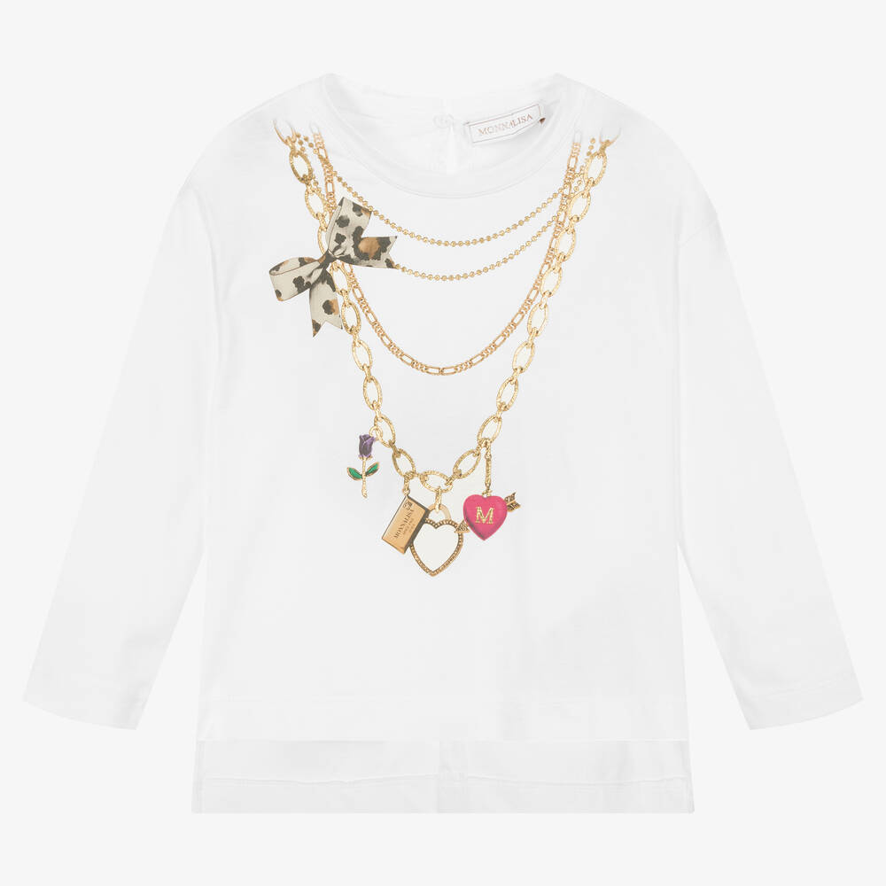 Monnalisa - Weißes Baumwolloberteil mit goldfarbenem Halskettenmotiv für Mädchen | Childrensalon