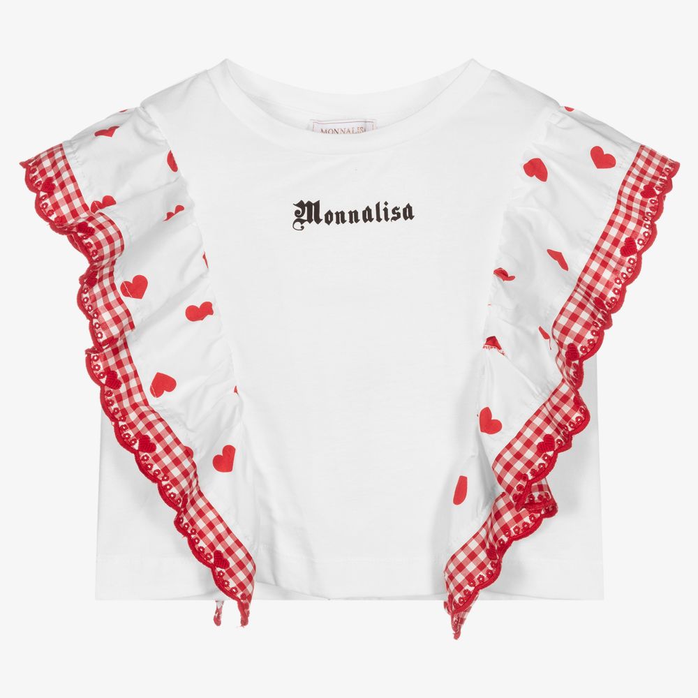 Monnalisa - Белый хлопковый топ с сердечками для девочек | Childrensalon