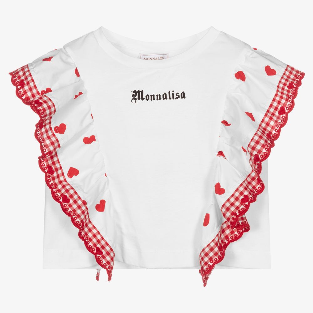 Monnalisa - Girls White Cotton Hearts Top | Childrensalon