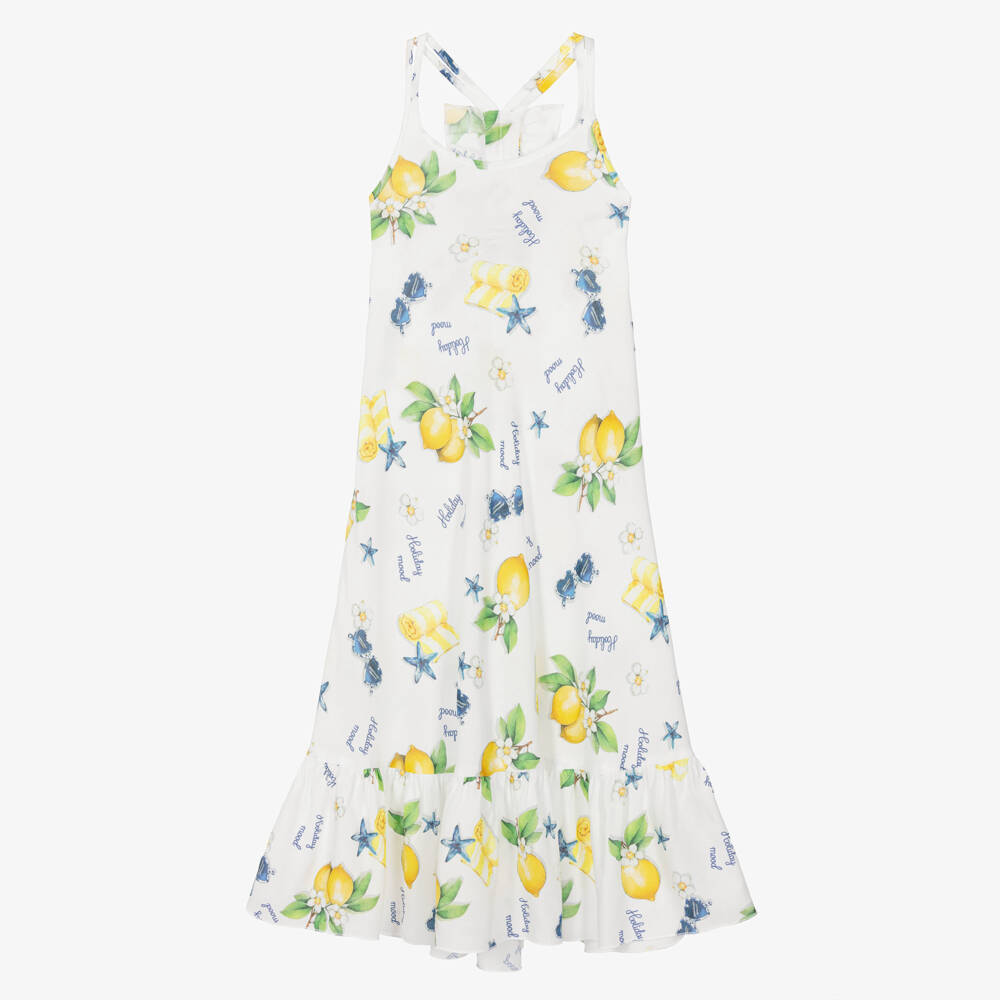 Monnalisa-Girls White Cotton Holiday Print Beach Dress | Childrensalon Outlet