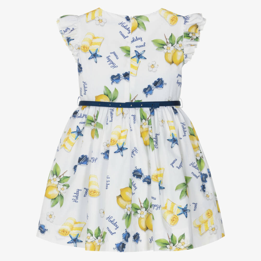 Monnalisa-Girls White Cotton Holiday Print Belted Dress | Childrensalon Outlet
