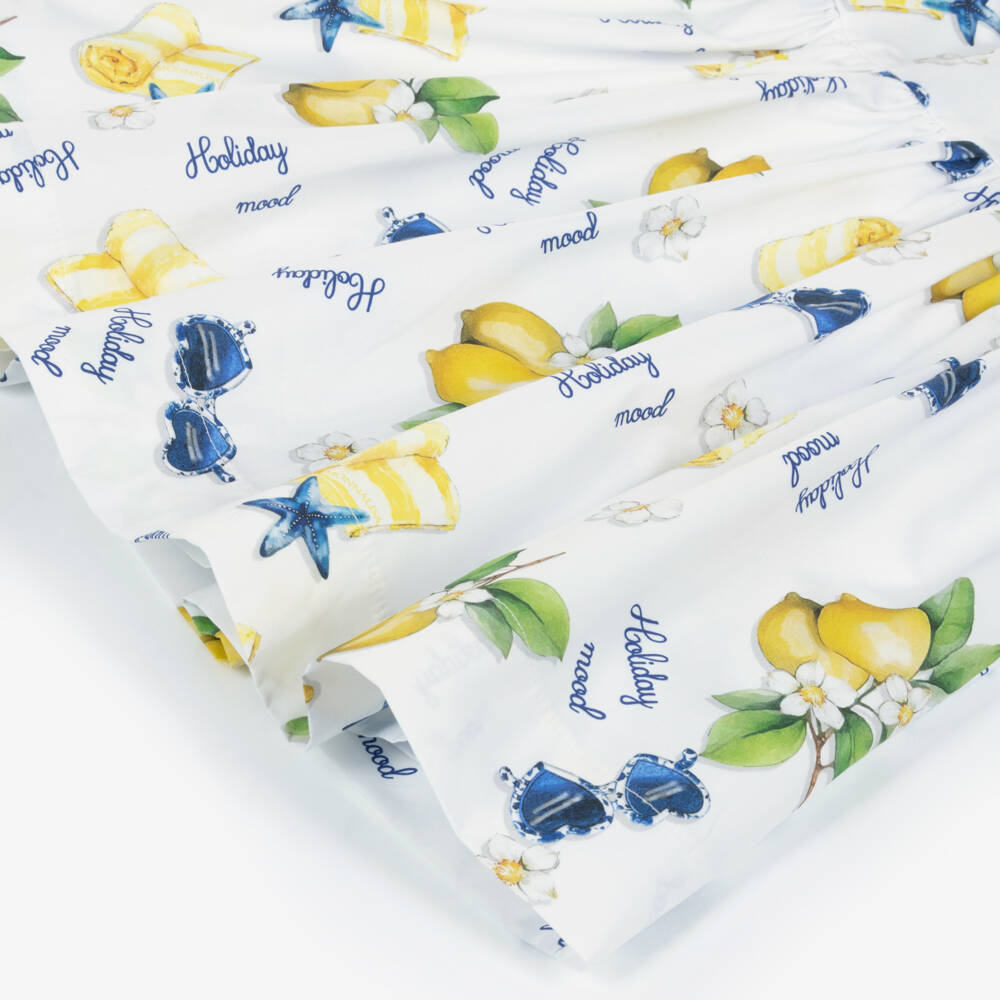 Monnalisa-Girls White Cotton Holiday Print Belted Dress | Childrensalon Outlet